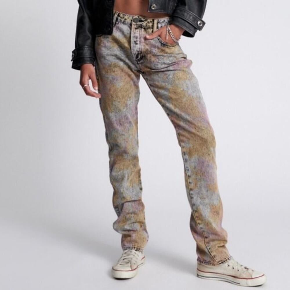 One Teaspoon Sz 32 Black Sunset Acid Truckers Mid Rise Straight Leg Jeans